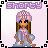 Pixel art contact sheet showing two frames of an animated AIM buddy icon featuring a cartoon girl with long brown hair, blue eyes, and a purple headscarf wearing a light blue dress with pink accents on a pale pink background.