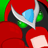 Pixelated static icon featuring a red background with green and blue elements resembling a stylized character or object, including white angular shapes and black accents.