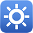 Blue square icon with rounded corners featuring a white sun symbol with eight rays radiating from a central circle.