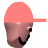 Pixelated character with brown skin wears a pink baseball cap, black mustache, and single visible eye with a pink eyelid.
