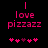 Pixelated pink text 'I love pizzazz' on black background with five heart symbols below, two versions showing animation changes in heart positions.
