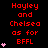 Red text reading 'Hayley and Chelsea as for BFFL' on black background with pink heart icons, varying in number across three