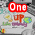 Pixelated image with red 'One' text, orange 'UP', green and blue circular shapes, purple elements, and a blue 'Direction' banner.