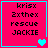 Four identical pink square with cyan borders display pixelated text and heart symbols, each containing 'krisx', 'Zxthex', 'rescue', and 'JACKIE' in black pixelated font