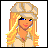 Pixelated cartoon character with long blonde hair, blue eyes, and a beige headpiece against white background.