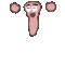 Pixelated pink cartoon character with wide eyes and a long nose, surrounded by floating pink circles in various configurations.