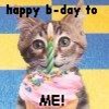 A pixelated kitten with brown and white fur holds a pink-frosted cupcake with green icing, against a blue and yellow striped background with text reading 'happy b-day to ME!' in black block letters.