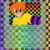 Pixelated character with orange hair in yellow shirt, purple object in hand, green and brown background, surrounded by multicolored border.