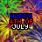 Pixelated text 'HAPPY 4TH OF JULY' in varying color schemes over a multicolored abstract background with yellow, green, blue, and purple hues.