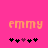 Pixelated orange text 'emmy' on bright pink background with five black and purple heart icons below, showing animation change in heart positions.