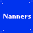 Blue background with white pixelated text reading "Nanners" repeated , scattered white dots resembling stars, and a solid gray rectangle in the bottom-right corner
