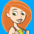 A 2x2 contact sheet of four pixelated frames showing a cartoon character with orange hair and green eyes in various poses against a solid blue background, with "KIM POSSIBLE" text and a Disney logo at the bottom right.