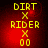 Yellow pixelated text 'DIRT', 'X', 'RIDER', 'X', '00' arranged vertically on red gradient background with subtle light effects.