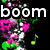 Animated icon with 'boom' text at top, 'pow' text at bottom, green musical notes, and pink-green pixelated splatter effects on black background.