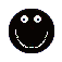 Six black circular icons with white pixelated eyes and varying toothy grins arranged in two on a gray background