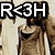 Pixelated static image showing a character with long brown hair and light-colored clothing beneath bold text reading "R<3H" in white letters on black background.