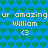 Pixelated blue background with green heart pattern, displaying repeated text 'ur amozing ur amozing William' and '<3' symbols in orange pixel font.