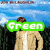 A person in a beige jacket and white shirt stands against a blue sky with clouds, green trees, and dark foliage background. Three distinct text overlays appear sequentially: 'Green', 'Apple', and 'Martinis'.