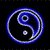 Six circular icons display a yin-yang symbol with blue and white elements on a black background, each showing different animation states.