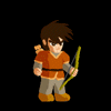 Pixel art character in orange tunic and gray pants holding a green bow, transitioning to playing a wooden flute against black background.
