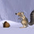 A pixelated static image shows a small animal standing on snow with an acorn, against a light blue background.