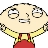 Pixelated cartoon character with large round eyes, a small nose, and a slightly open mouth showing teeth, wearing a red outfit with yellow straps.