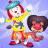 A pixelated animated contact sheet showing two frames of a Jojo's Circus buddy icon with cartoon characters and text on a blue background.