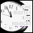 Animated clock face with black hands and numerals on white background, displaying changing purple text above the clock.