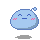 Pixelated blue blob character with pink cheeks, small bubble on top, and gray shadow, displaying multiple expressions and hand gestures.