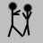 Black stick figures on gray background show two characters interacting with changing poses and one frame of text symbols.