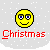 Pixelated yellow smiley face with blue eyes and glasses appears in multiple states above 'Christmas' text on a snowy background.