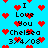 Pixelated blue background with red heart symbols and black text reading "I Love You Chelsea 3/4/08" arranged in a repeating pattern.