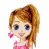 Pixelated cartoon-style animated contact sheet showing five frames of a doll-like character with changing hairstyles and expressions, plus one frame displaying text on a blue background.