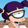 Pixelated cartoon character with purple pigtails tied with yellow bands, black glasses, and a white shirt, hand near mouth against brick wall background.