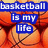 Pixelated image with blue text boxes reading 'basketball is my life' over a basketball-themed background.