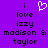 Purple background with black pixelated text reading 'i love izzy madison & taylor' and a white heart symbol above the word 'love'.