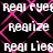 Black background with pink diamond lattice overlay; white text 'realize', 'reai eye', and 'reai lies' repeated in pattern
