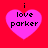 Four pink heart shapes on a red background, each containing black text reading "i love parker" with the topmost character slightly offset.