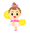 Pixelated girl with brown curly hair in a pink bow, wearing yellow polka-dot skirt and white top with pink stripe, holding yellow pom-pom.