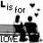 Animated icon shows two figures on a bench with 'L is for LOVE' text and floating hearts, featuring one frame where the first letter L turns red.