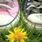 A static pixelated image shows a yellow flower with green leaves, pink and white background elements, and dark vertical lines.
