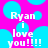 Pixelated text on a bright pink background with blue circles, reading "Ryan i love you!!!!" in white block letters.