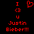 Red pixelated text and symbols on black background: 'I', heart symbol, '<3', 'U', 'Justin Bieber!!!' arranged vertically.
