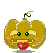 Pixelated pumpkin character with green eyes, red tongue, and yellow cheeks in various expressions including smiling, blushing, and interacting with light blue cloud-like shapes.
