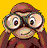 Pixelated monkey face with large round eyes, brown fur, and a red cap against yellow background.