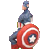 Pixelated figure in blue and red costume holding a circular shield with white concentric rings and central star, standing against solid gray background.