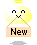 Four pixel art frames of a yellow angelic character with wings and halo holding a 'New' sign, arranged in a 2x2 contact sheet on gray background.