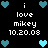 Pixelated icon with black background, white text reading 'i love mikey 10.20.08', and cyan hearts in corners and center.