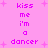 Pixelated pink text on a solid pink background with scattered light pink star shapes, repeating the phrase 'kiss me i'm a dancer' in two