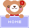 Pixelated brown bear with red flower on head holds light purple sign reading HOME, with pink cheeks and brown eyes.